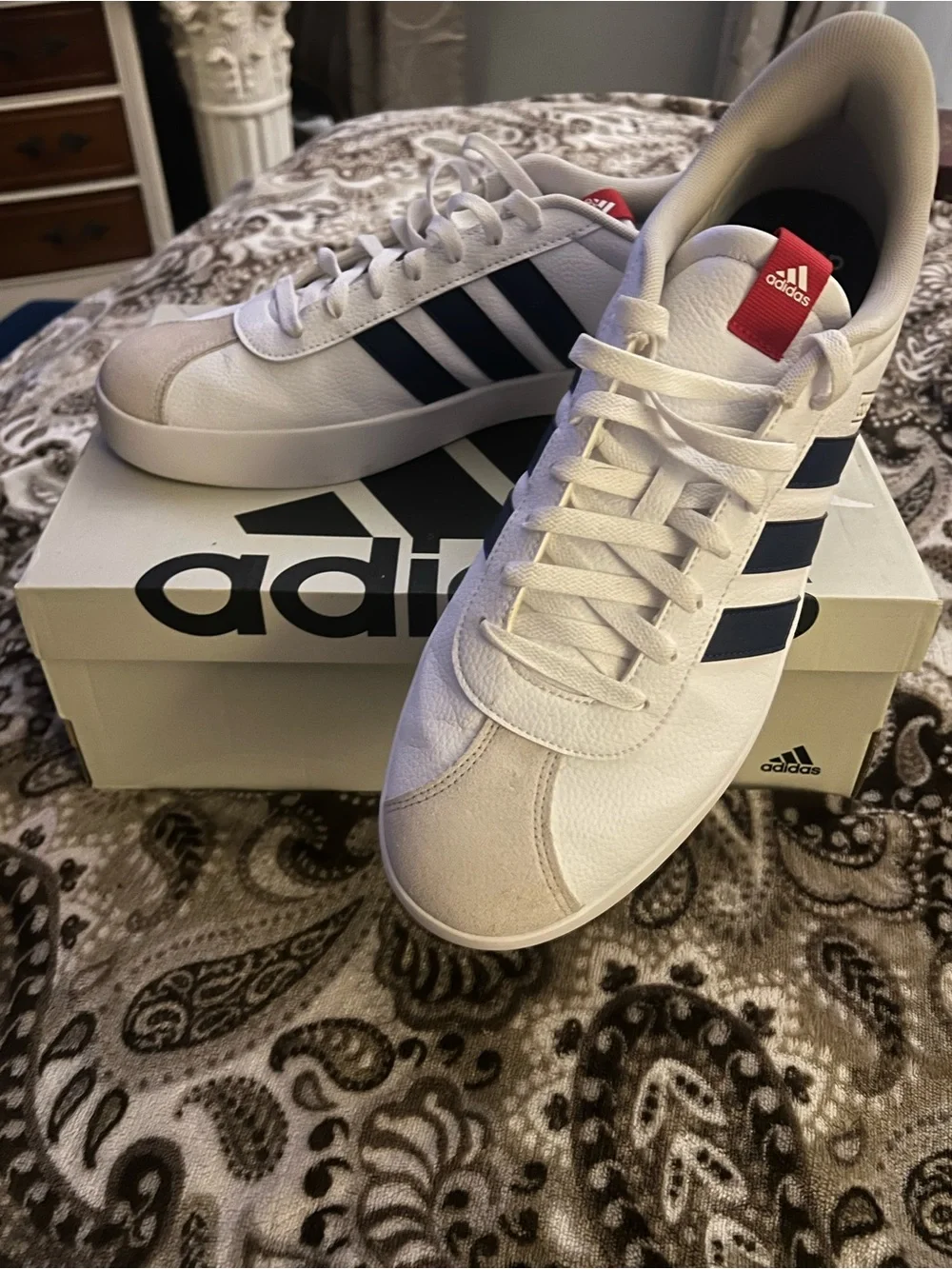 Mens Adidas VL Court 3.0 White Sneakers with Navy Stripes
